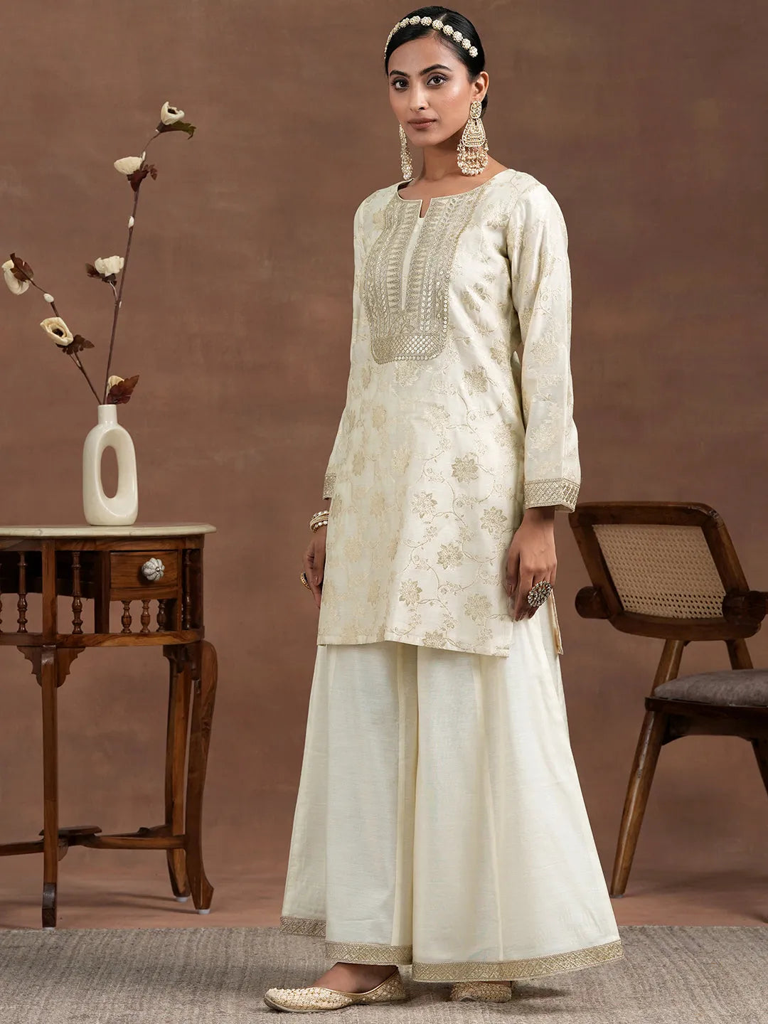 Libas Off White Woven Design Chanderi Silk Straight Suit With Dupatta