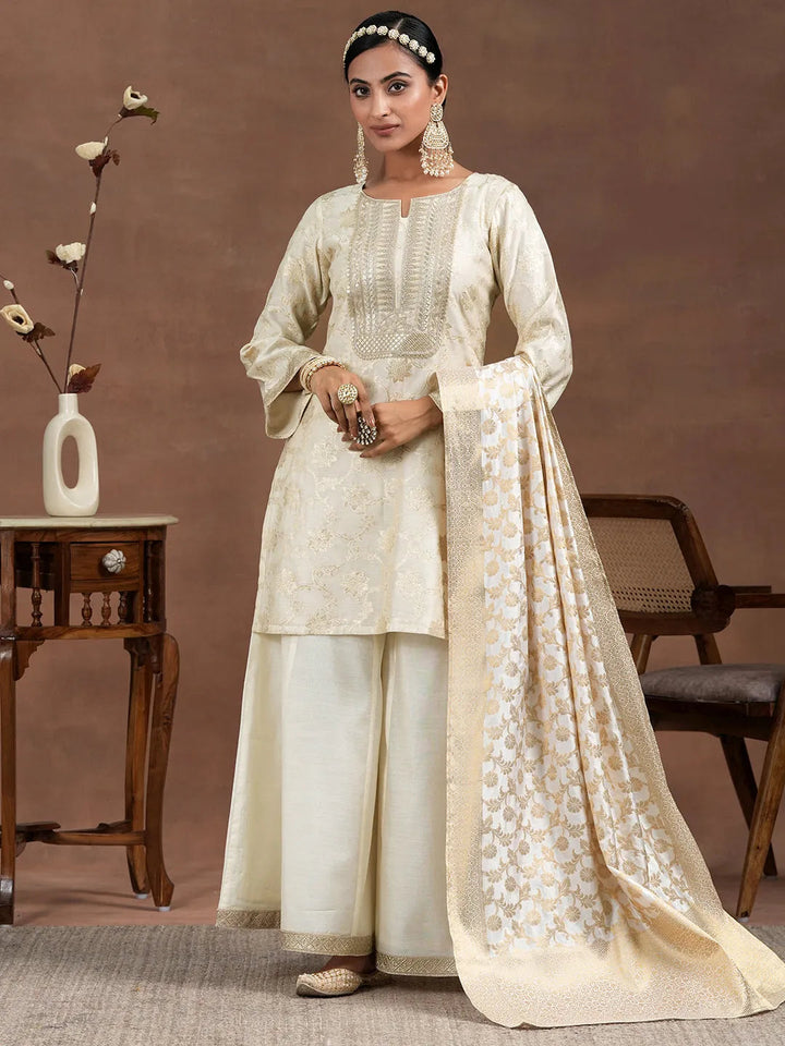 Libas Off White Woven Design Chanderi Silk Straight Suit With Dupatta