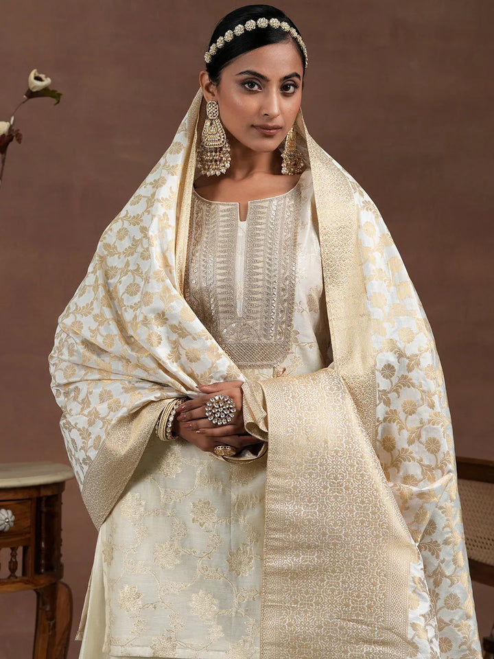 Libas Off White Woven Design Chanderi Silk Straight Suit With Dupatta