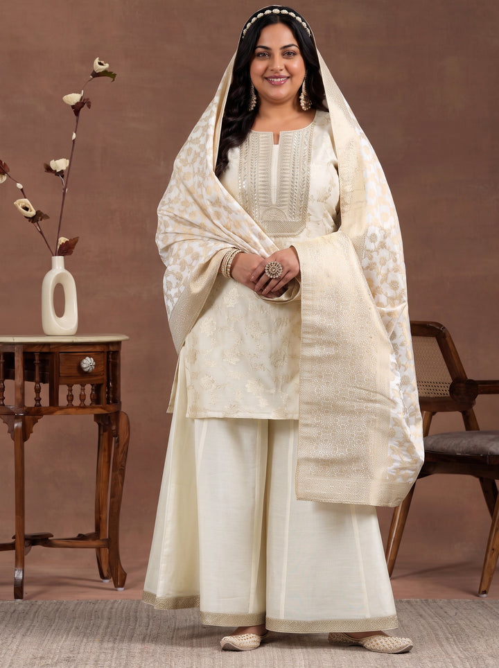 Plus Size Off White Woven Design Chanderi Silk Straight Suit With Dupatta