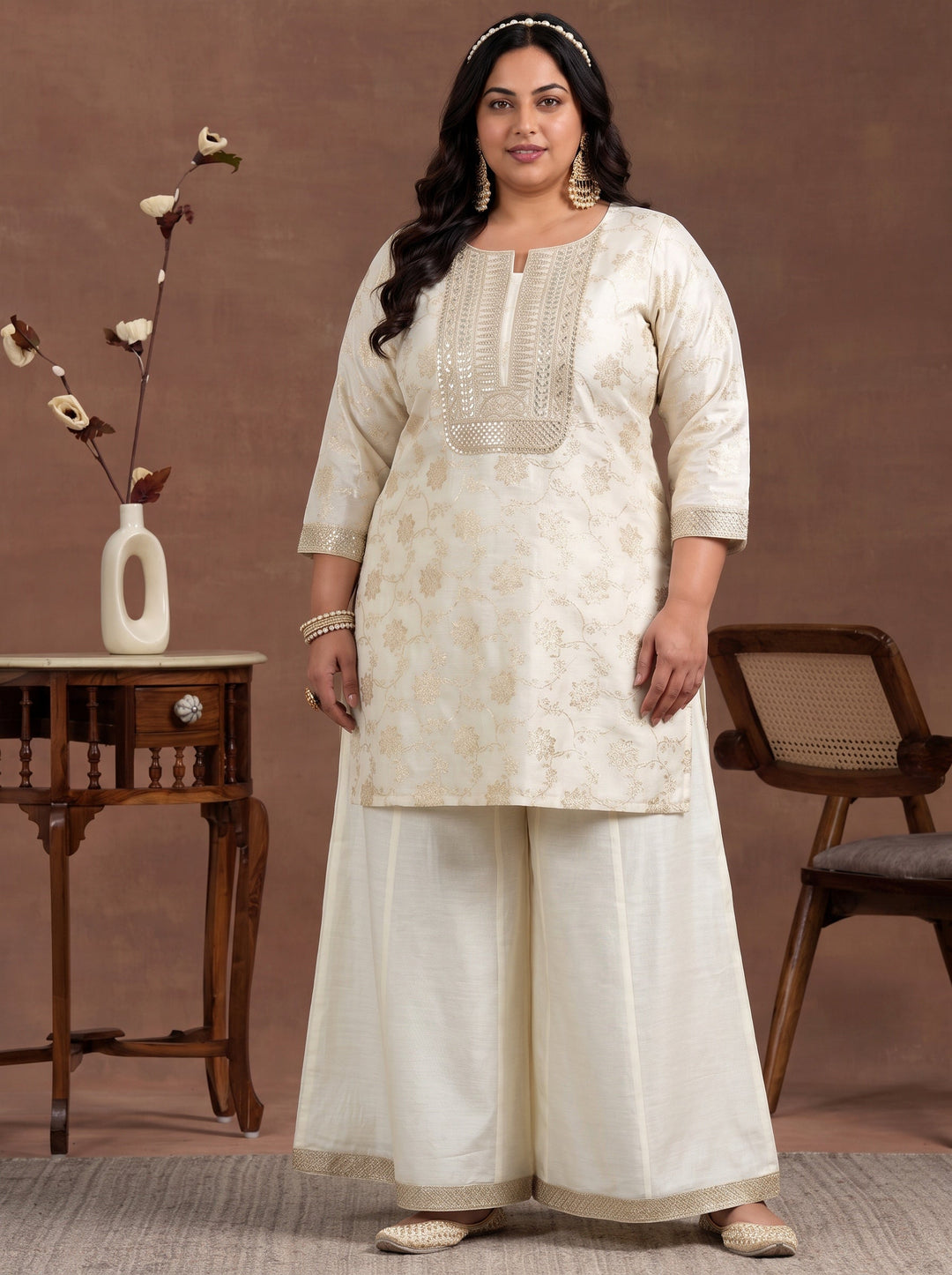 Plus Size Off White Woven Design Chanderi Silk Straight Suit With Dupatta