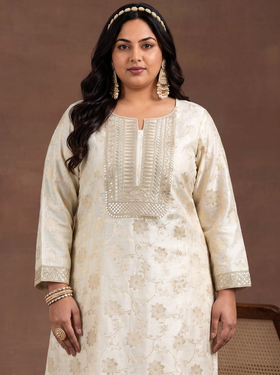 Plus Size Off White Woven Design Chanderi Silk Straight Suit With Dupatta