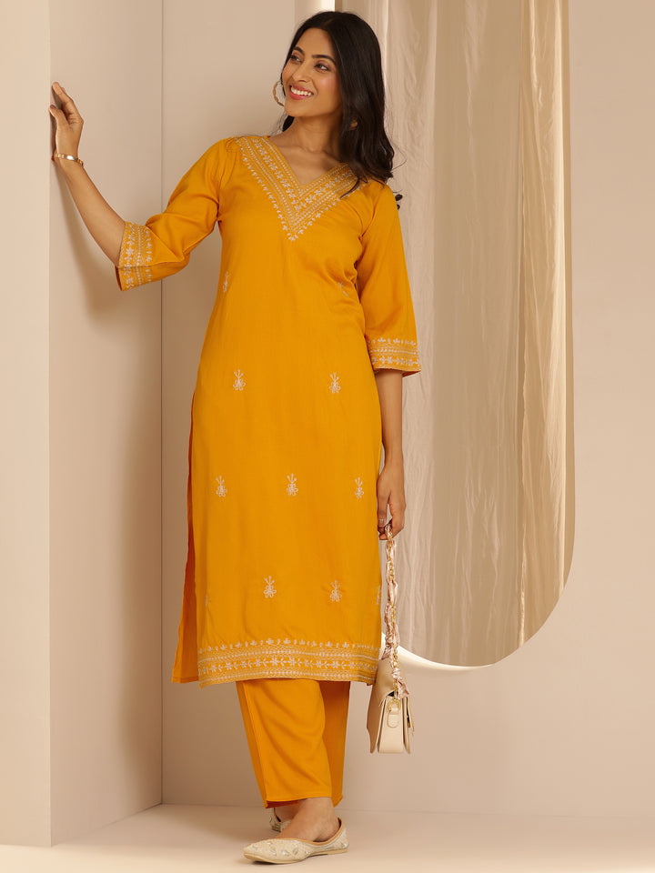 Yellow Embroidered Rayon Straight Kurta Set