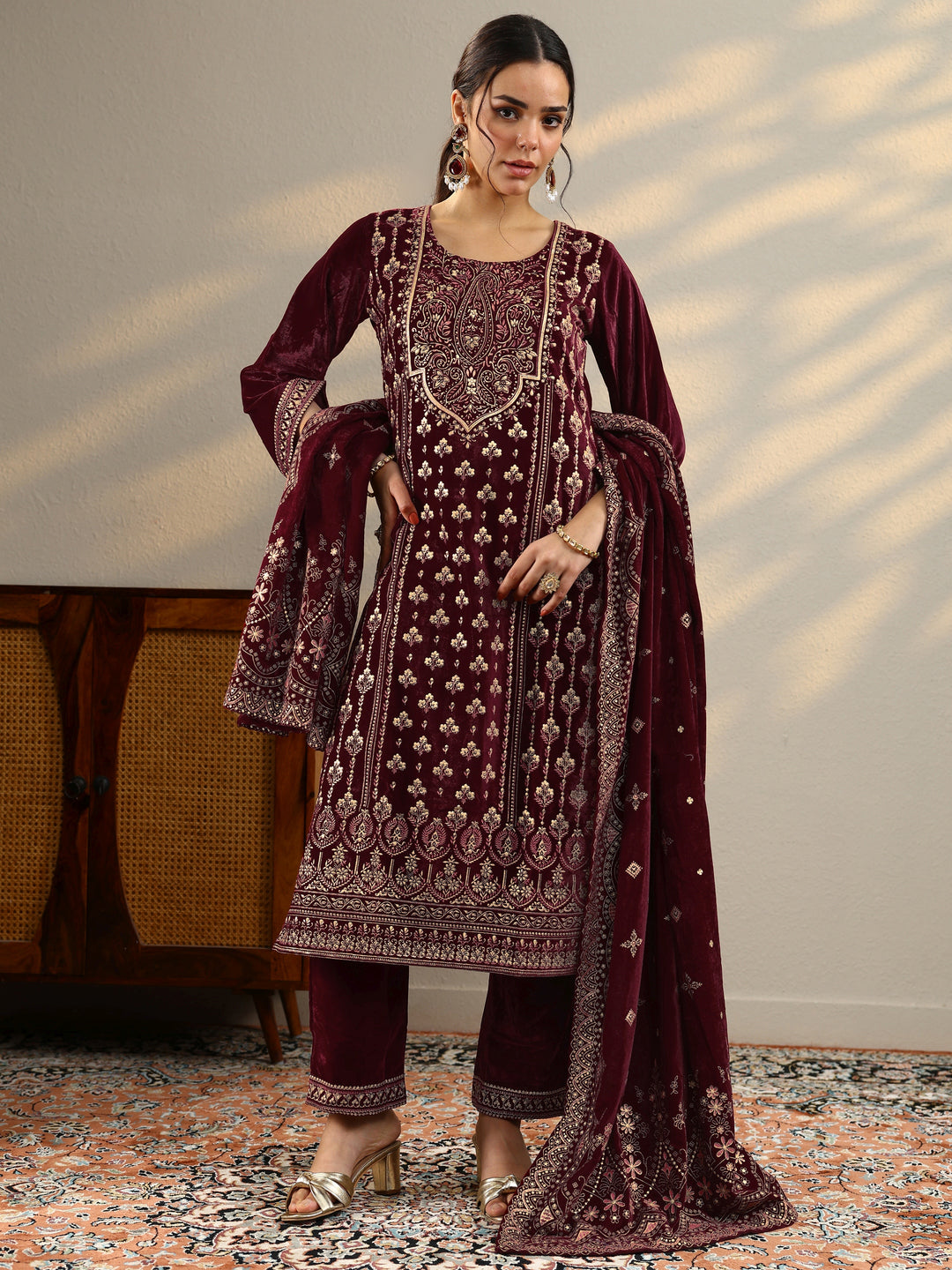 Maroon Printed Velvet Straight Suit With Dupatta