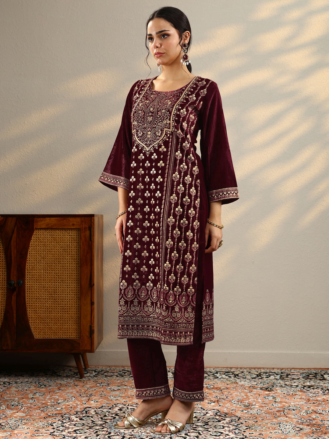 Maroon Printed Velvet Straight Suit With Dupatta