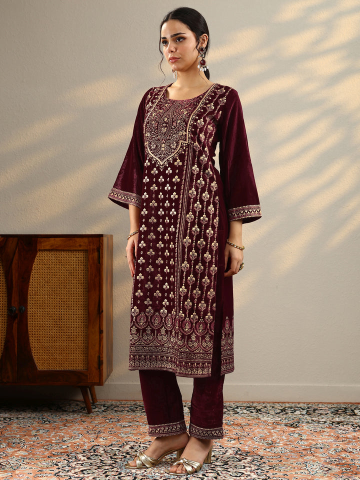 Maroon Printed Velvet Straight Suit With Dupatta