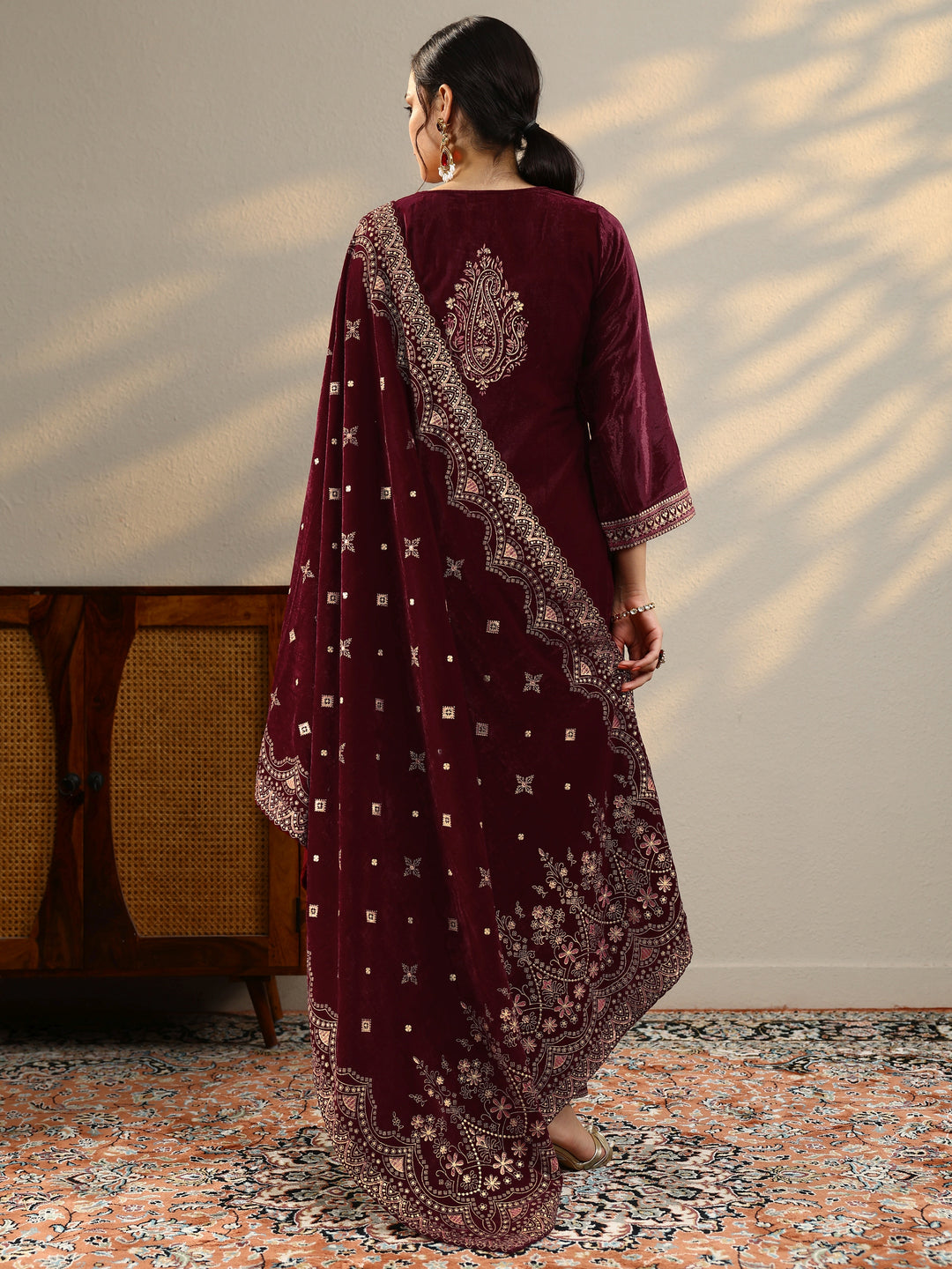 Maroon Printed Velvet Straight Suit With Dupatta