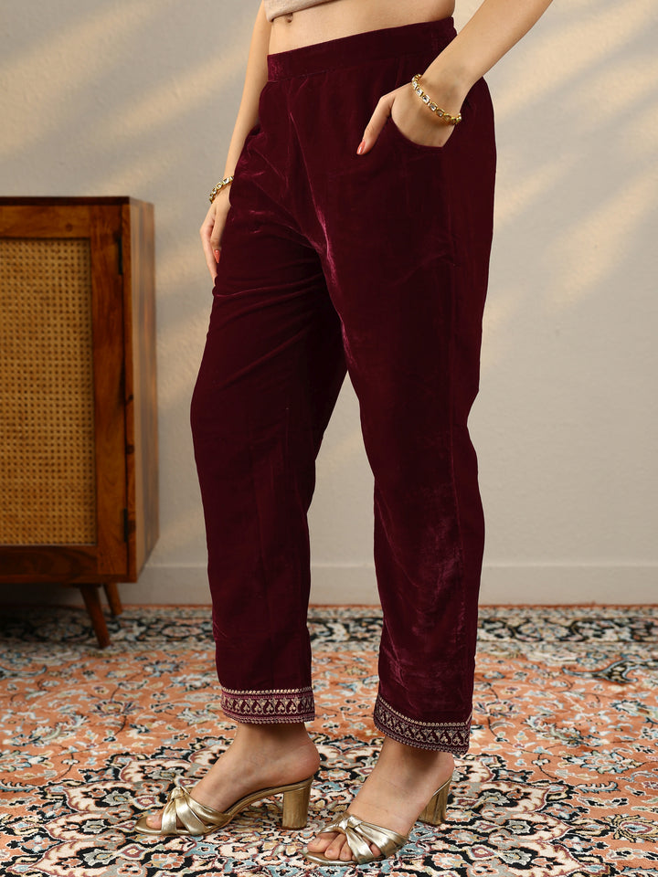 Maroon Printed Velvet Straight Suit With Dupatta