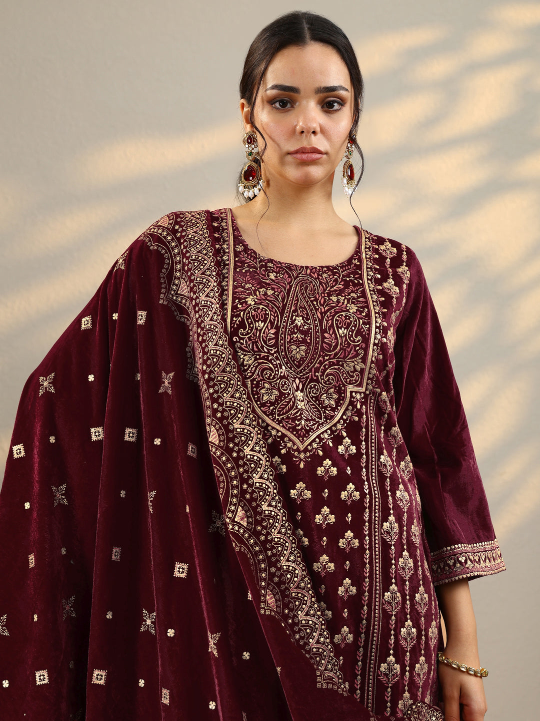 Maroon Printed Velvet Straight Suit With Dupatta