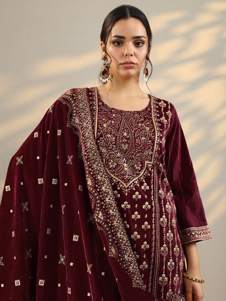 Maroon Printed Velvet Straight Suit With Dupatta