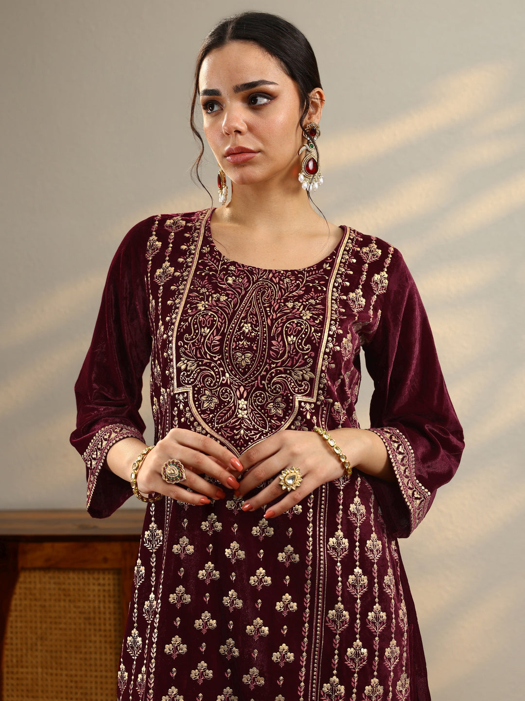Maroon Printed Velvet Straight Suit With Dupatta