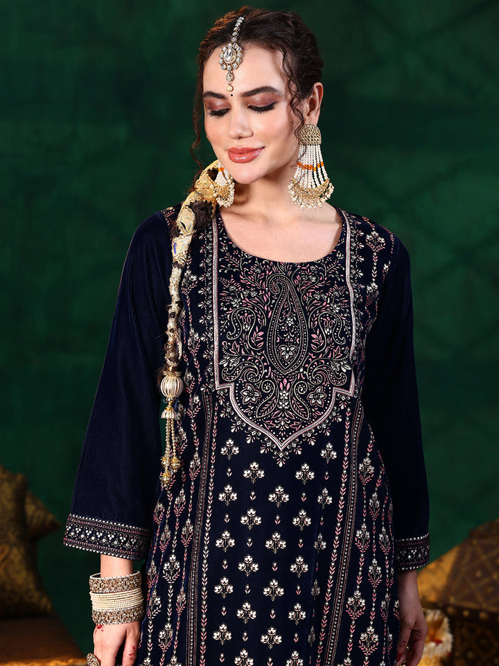 Blue Printed Velvet Straight Suit With Dupatta