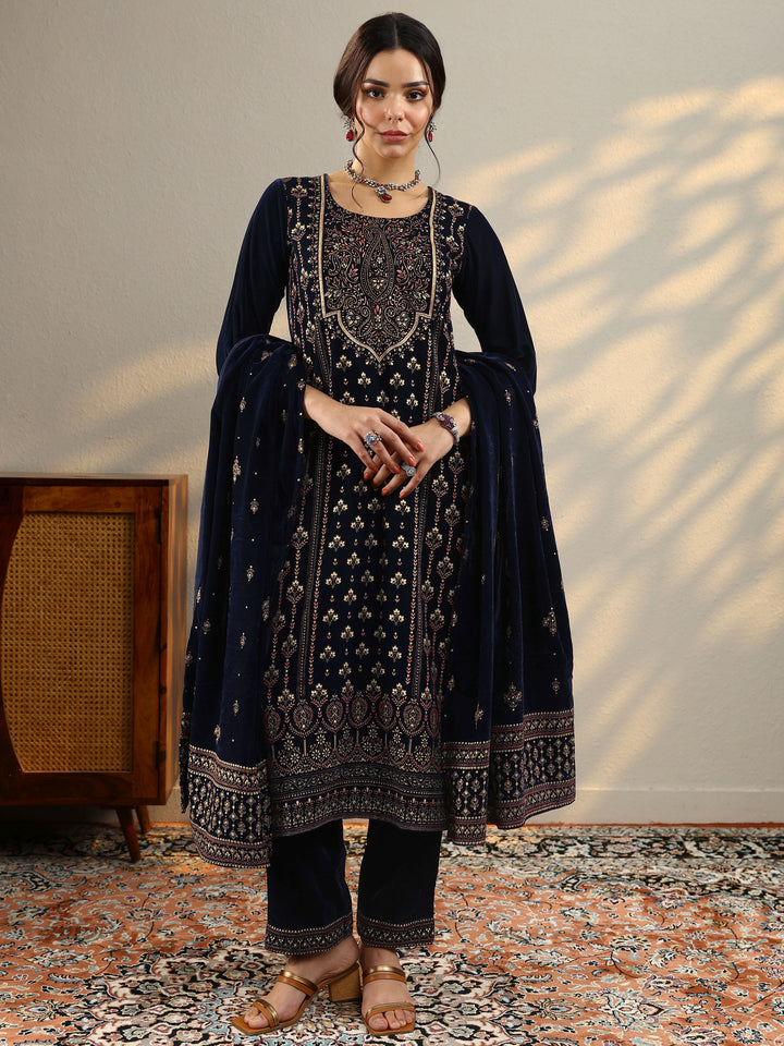 Blue Printed Velvet Straight Suit With Dupatta