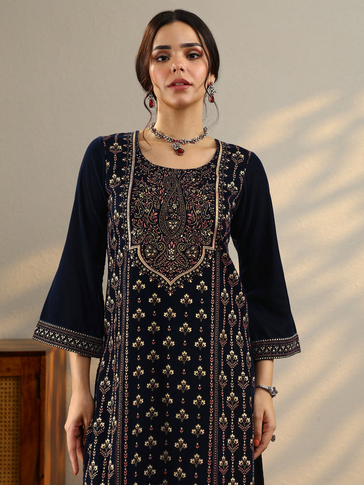 Blue Printed Velvet Straight Suit With Dupatta