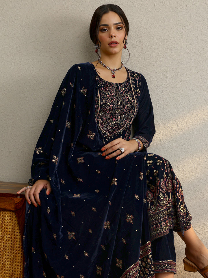 Blue Printed Velvet Straight Suit With Dupatta