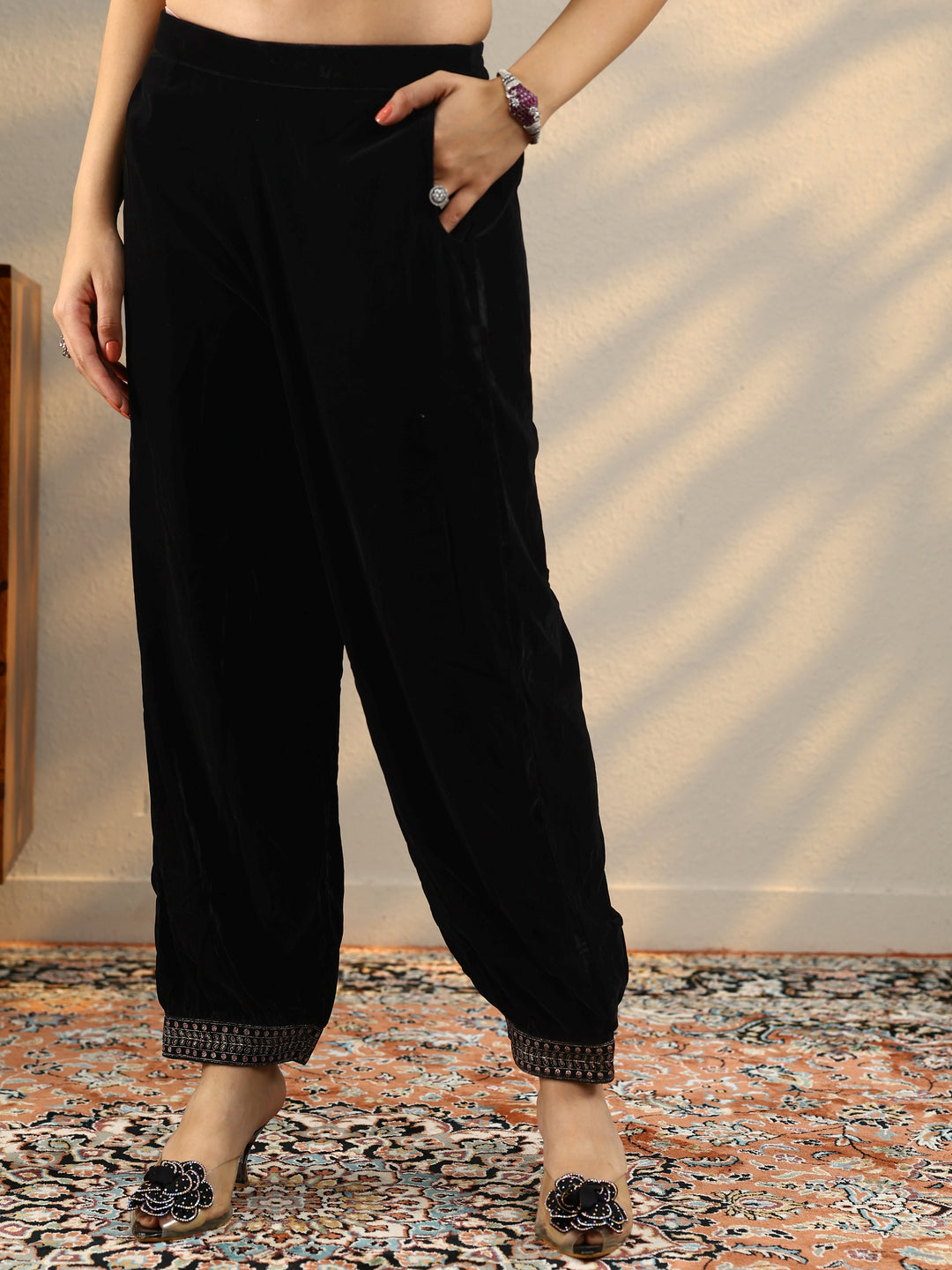 Black Embroidered Velvet Straight Suit With Dupatta