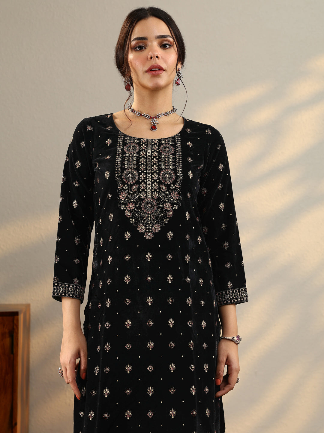 Black Embroidered Velvet Straight Suit With Dupatta
