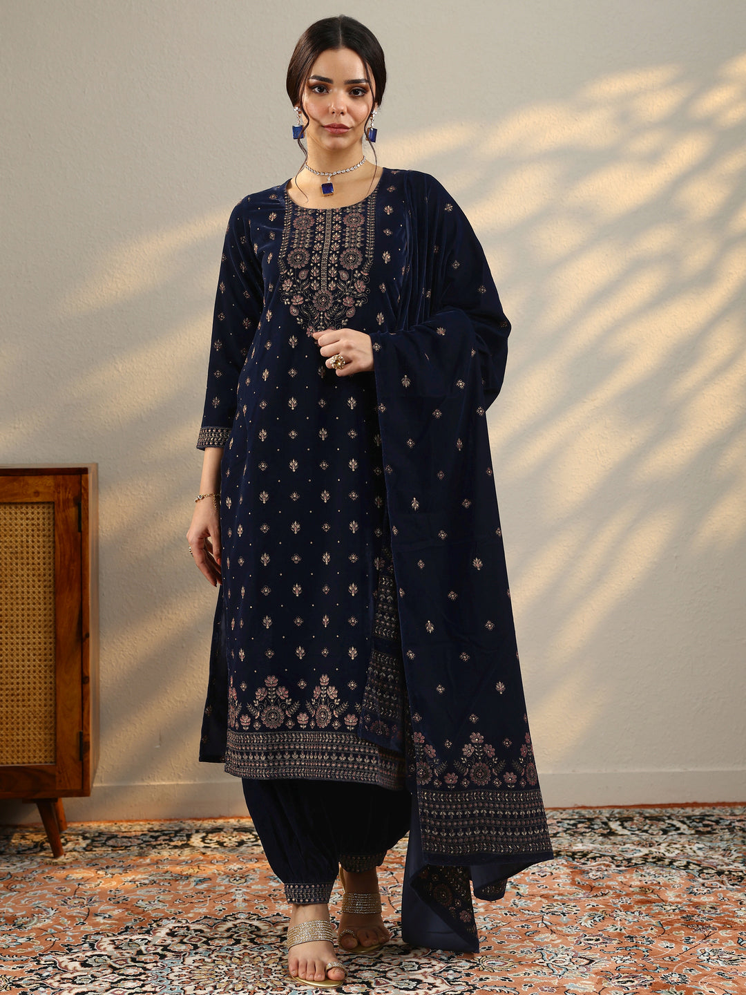 Blue Embroidered Velvet Straight Suit With Dupatta