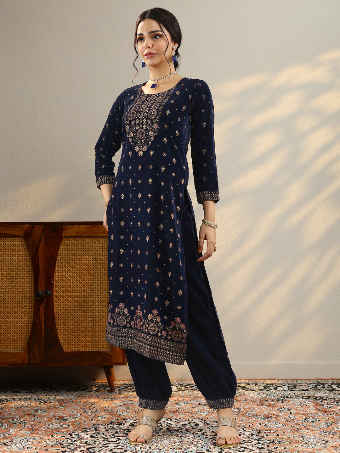 Blue Embroidered Velvet Straight Suit With Dupatta