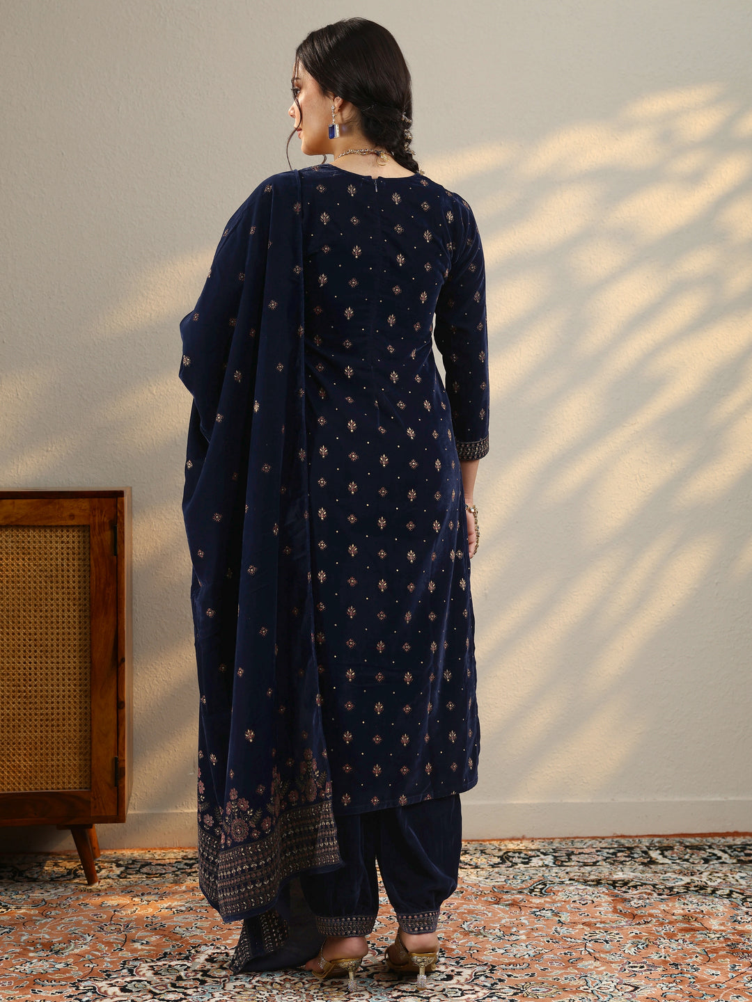 Blue Embroidered Velvet Straight Suit With Dupatta
