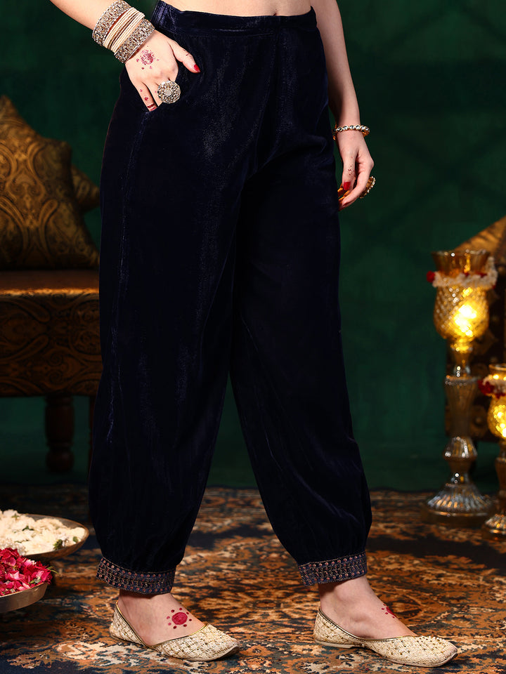 Blue Embroidered Velvet Straight Suit With Dupatta