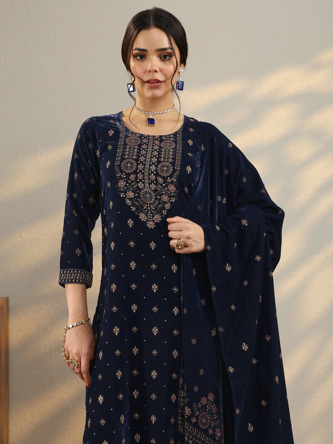 Blue Embroidered Velvet Straight Suit With Dupatta