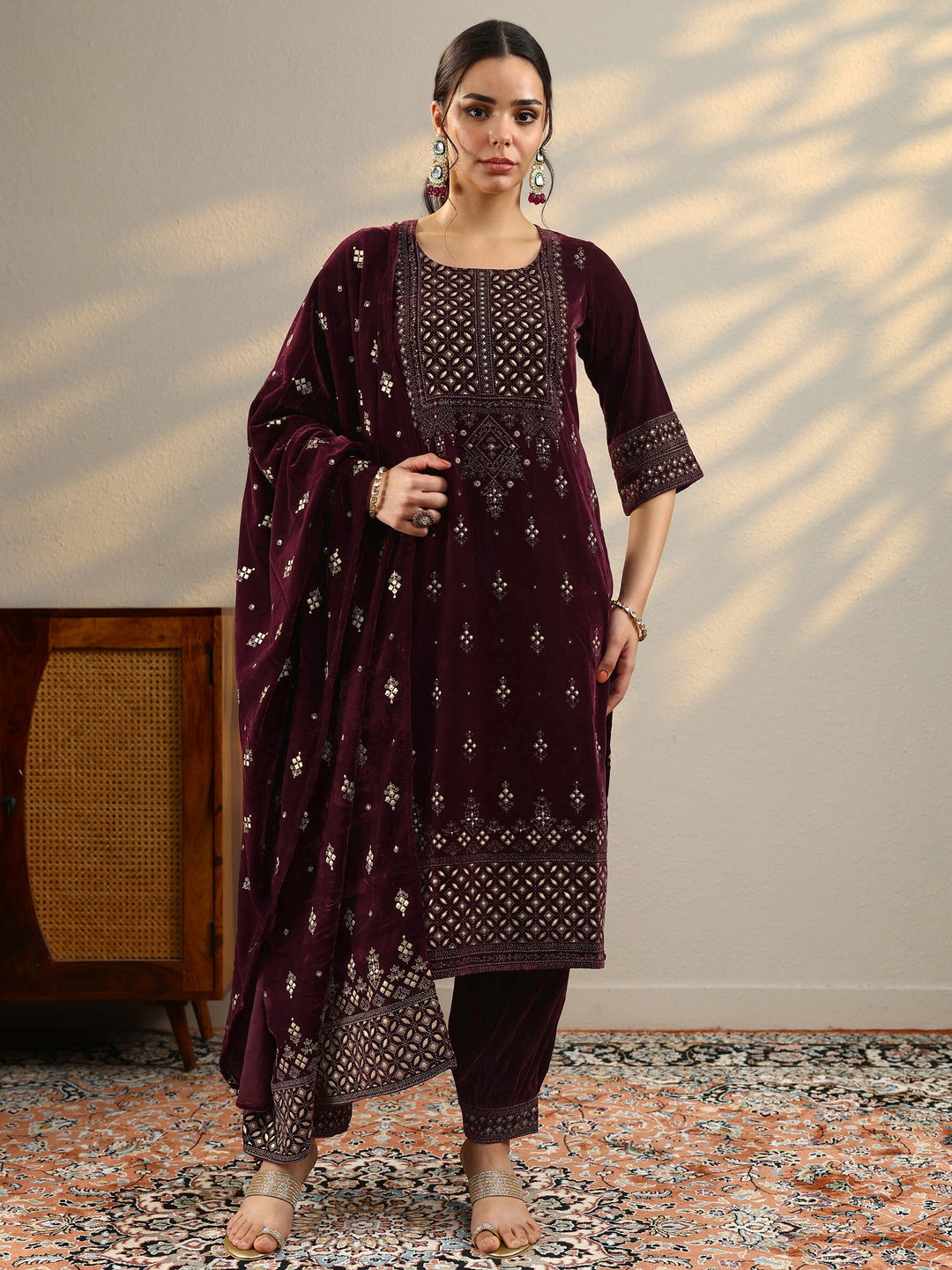 Burgundy Embroidered Velvet Straight Suit With Dupatta