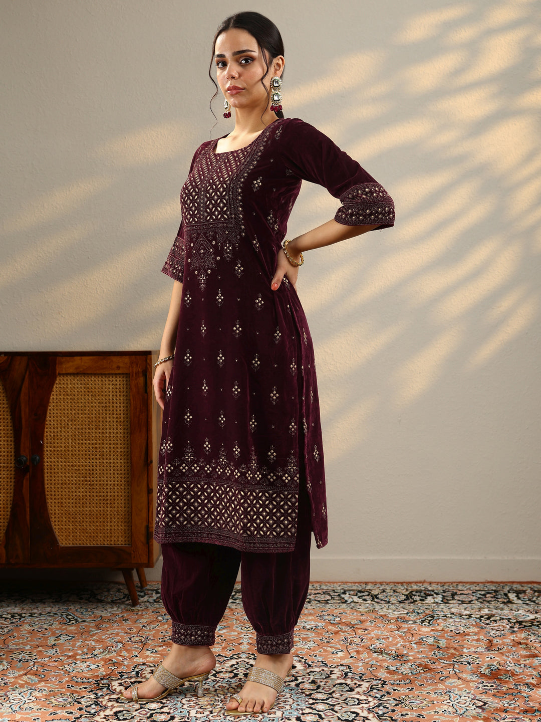 Burgundy Embroidered Velvet Straight Suit With Dupatta