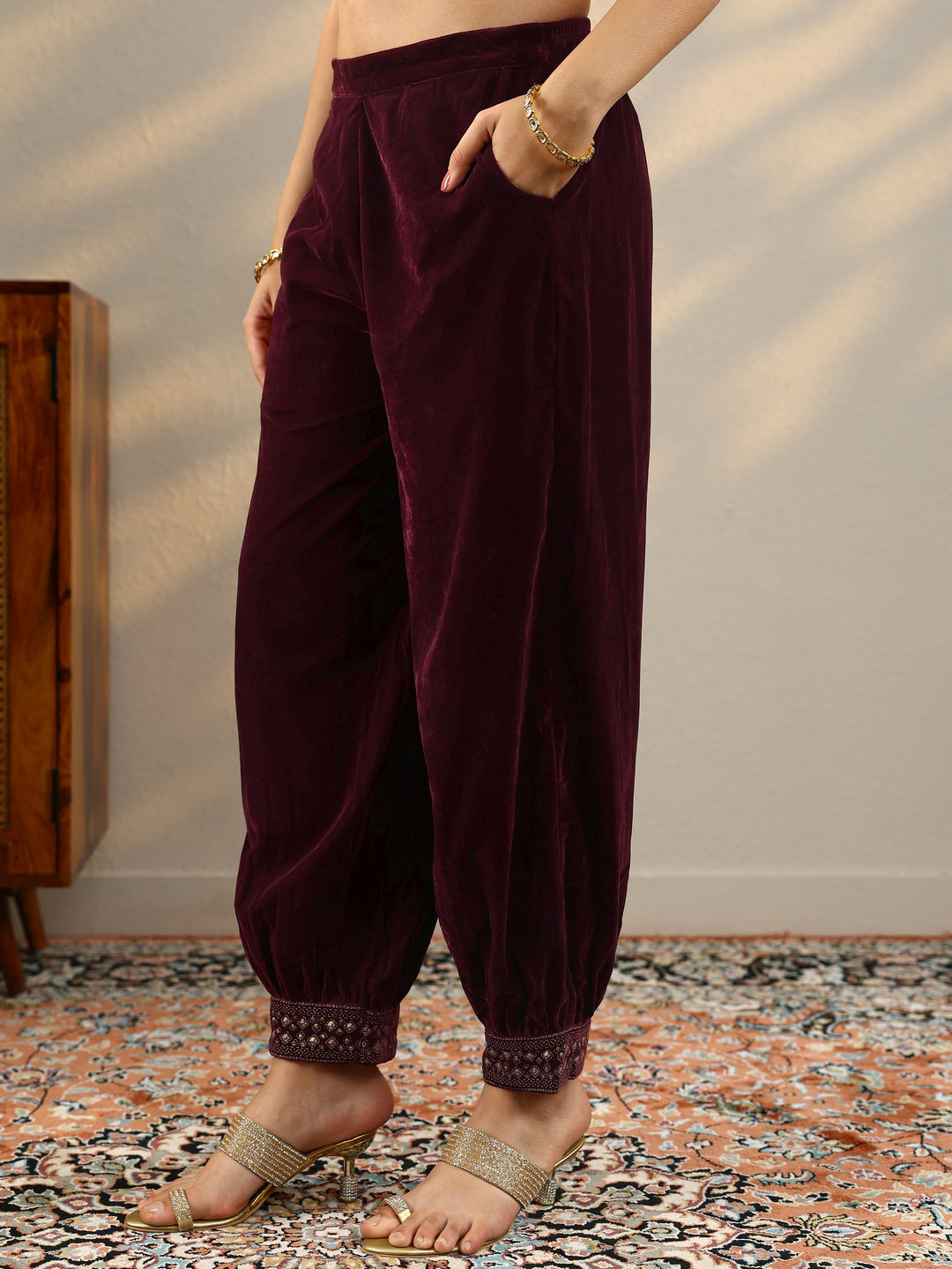 Burgundy Embroidered Velvet Straight Suit With Dupatta