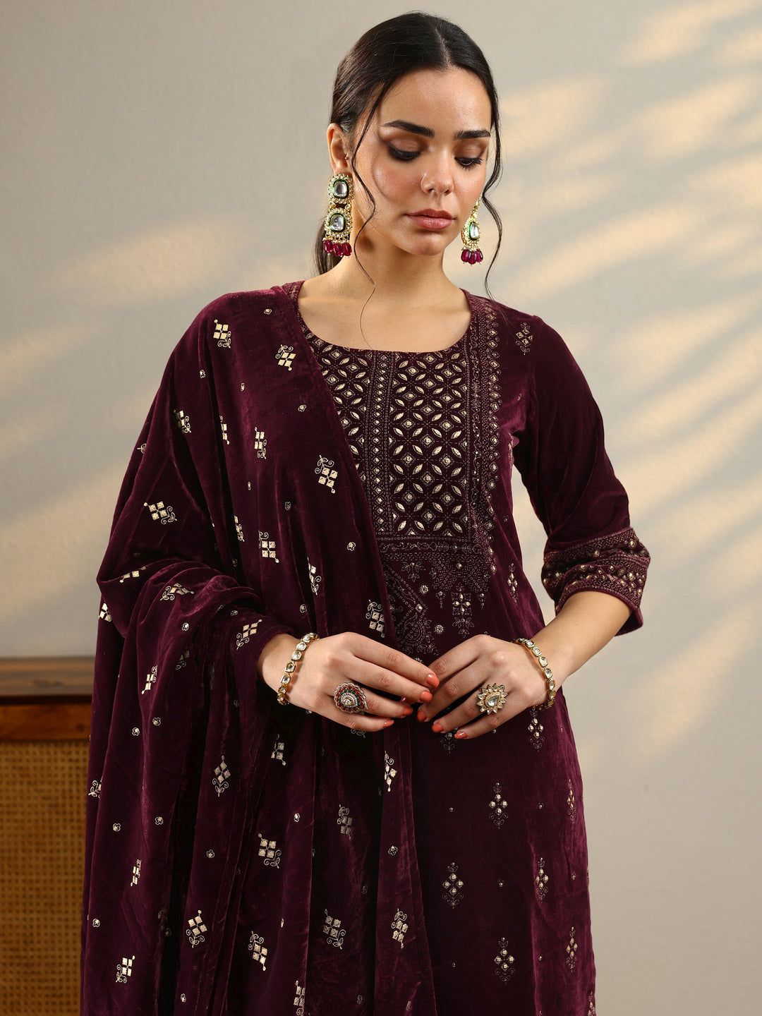 Burgundy Embroidered Velvet Straight Suit With Dupatta