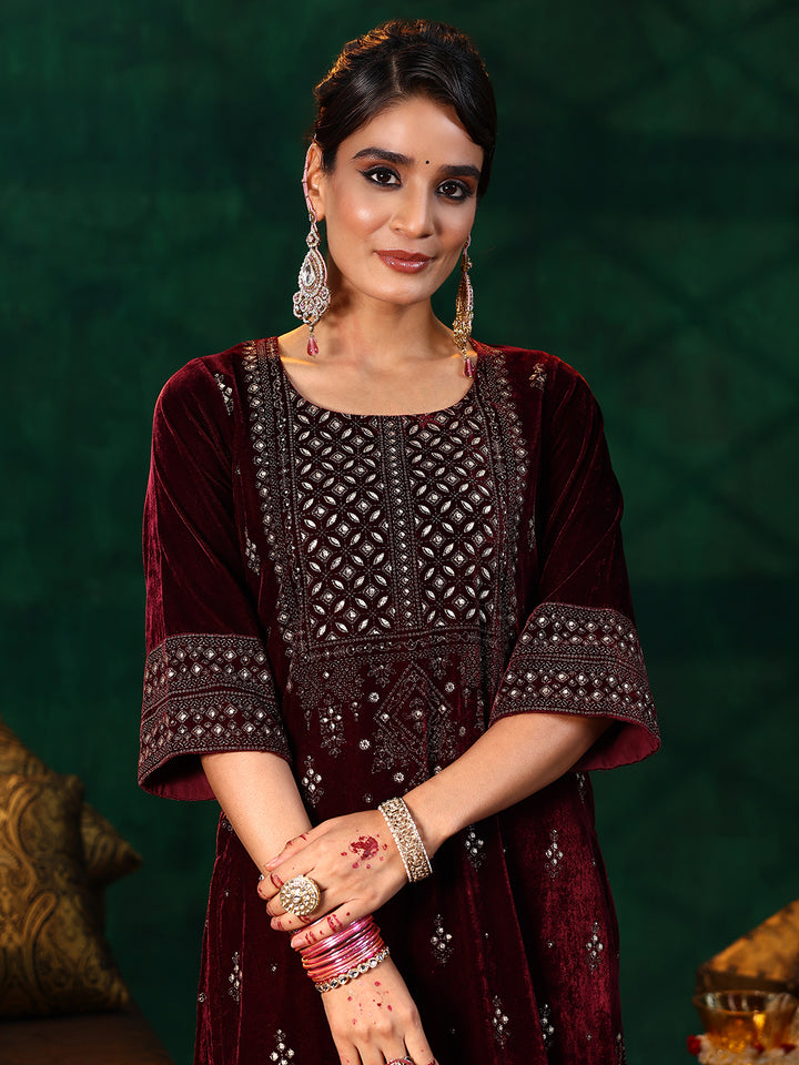 Burgundy Embroidered Velvet Straight Suit With Dupatta