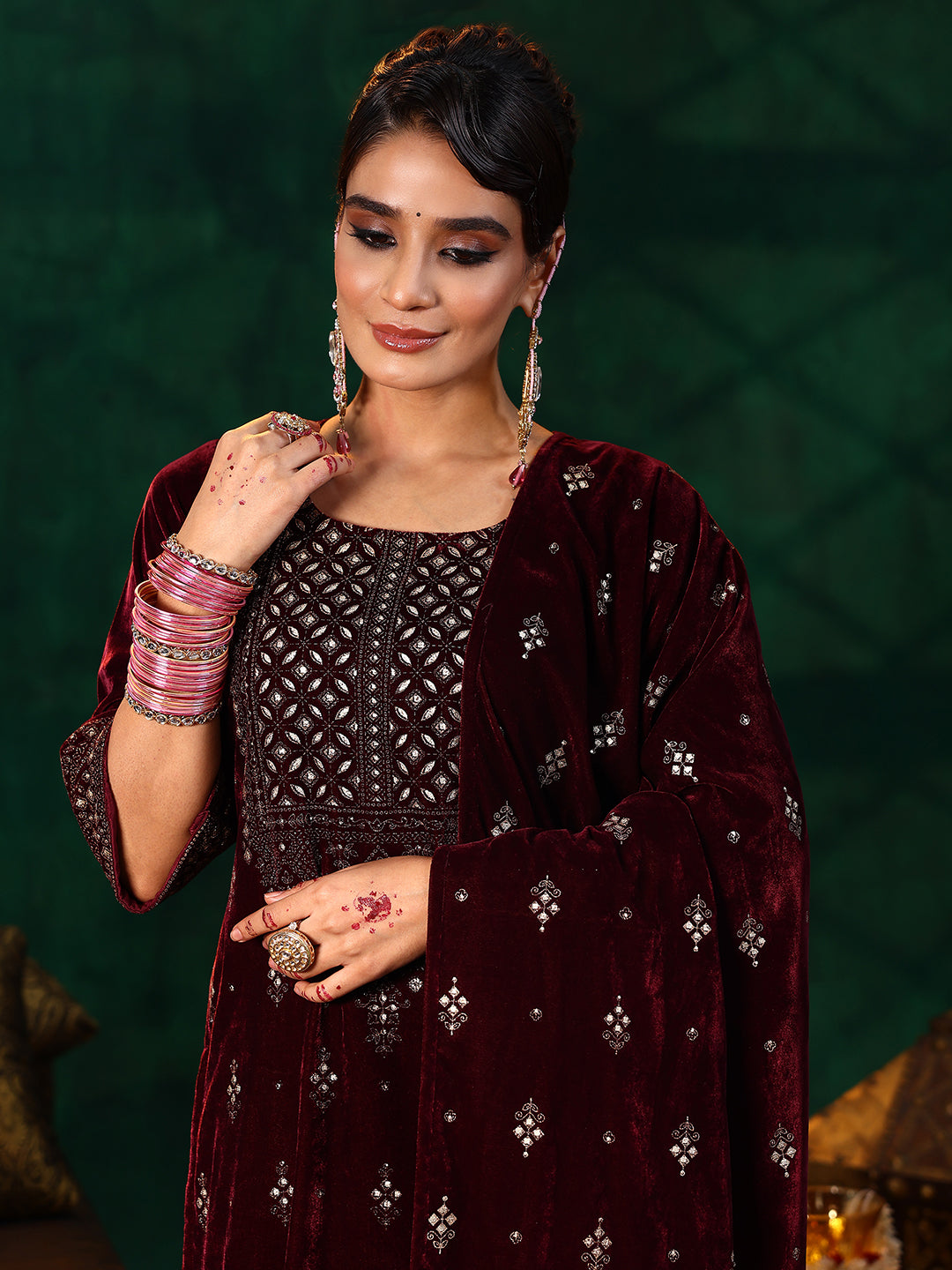 Burgundy Embroidered Velvet Straight Suit With Dupatta