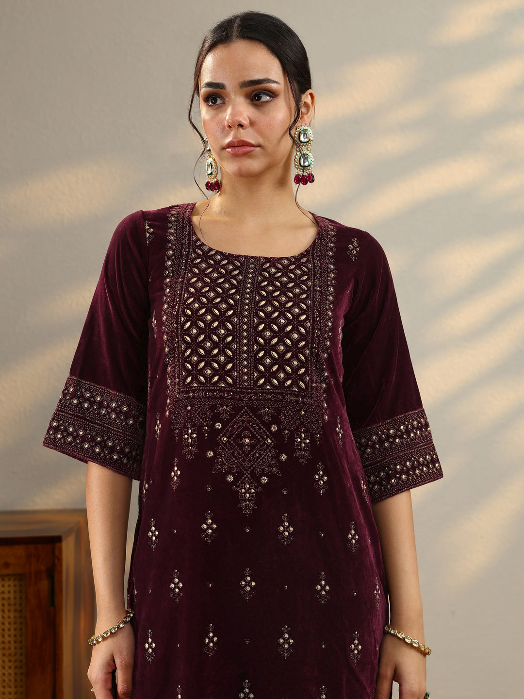 Burgundy Embroidered Velvet Straight Suit With Dupatta