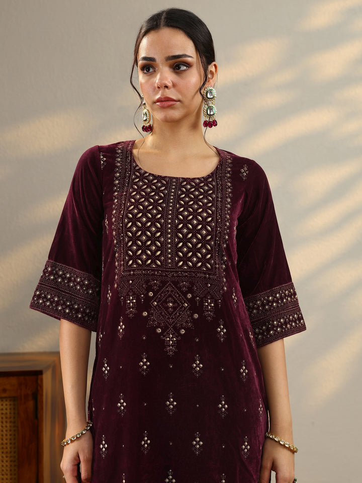 Burgundy Embroidered Velvet Straight Suit With Dupatta