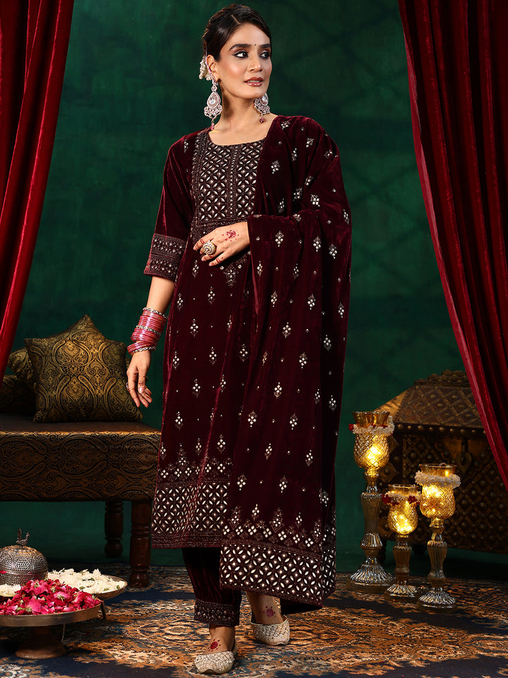Burgundy Embroidered Velvet Straight Suit With Dupatta