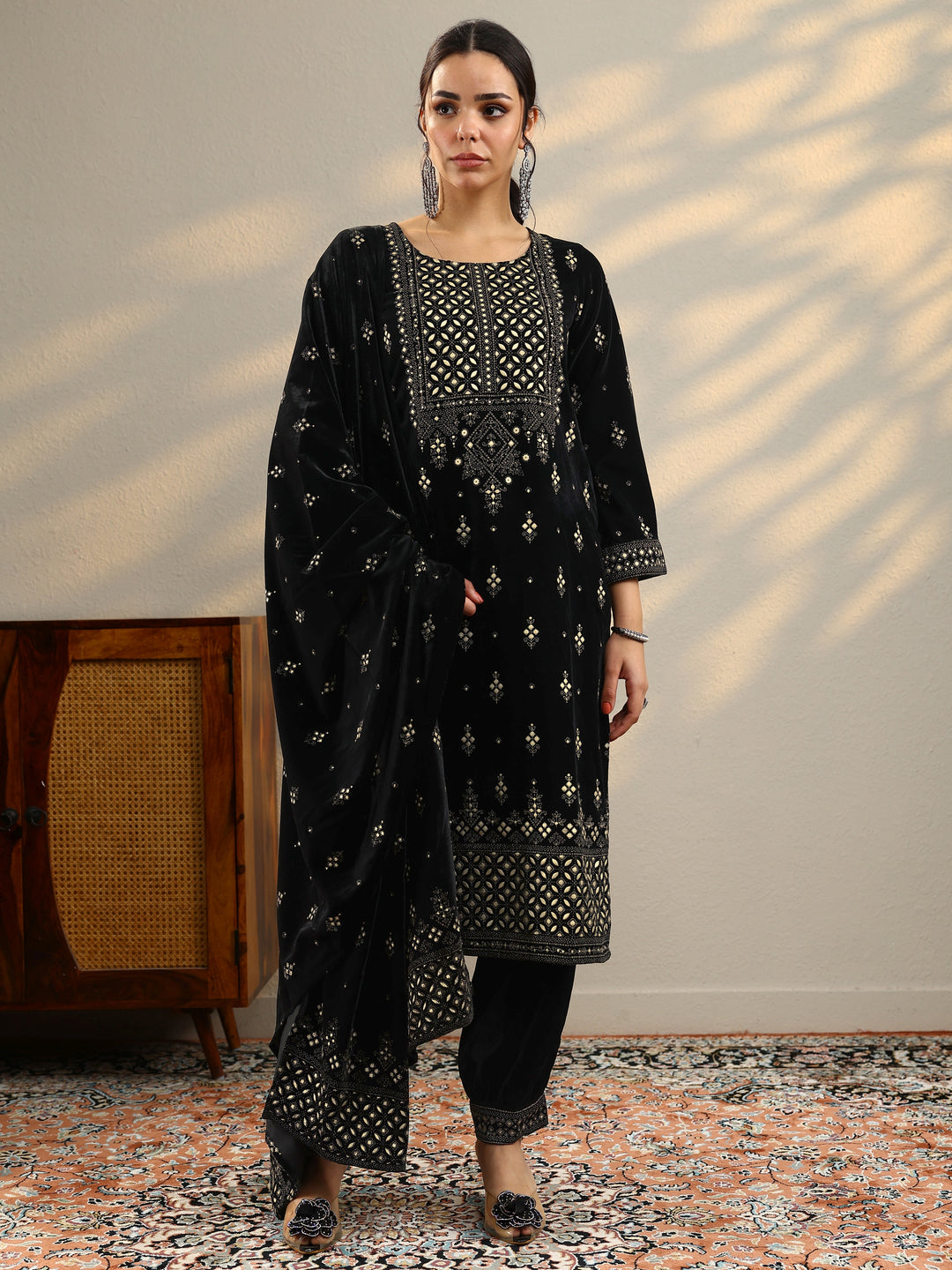 Black Embroidered Velvet Straight Suit With Dupatta