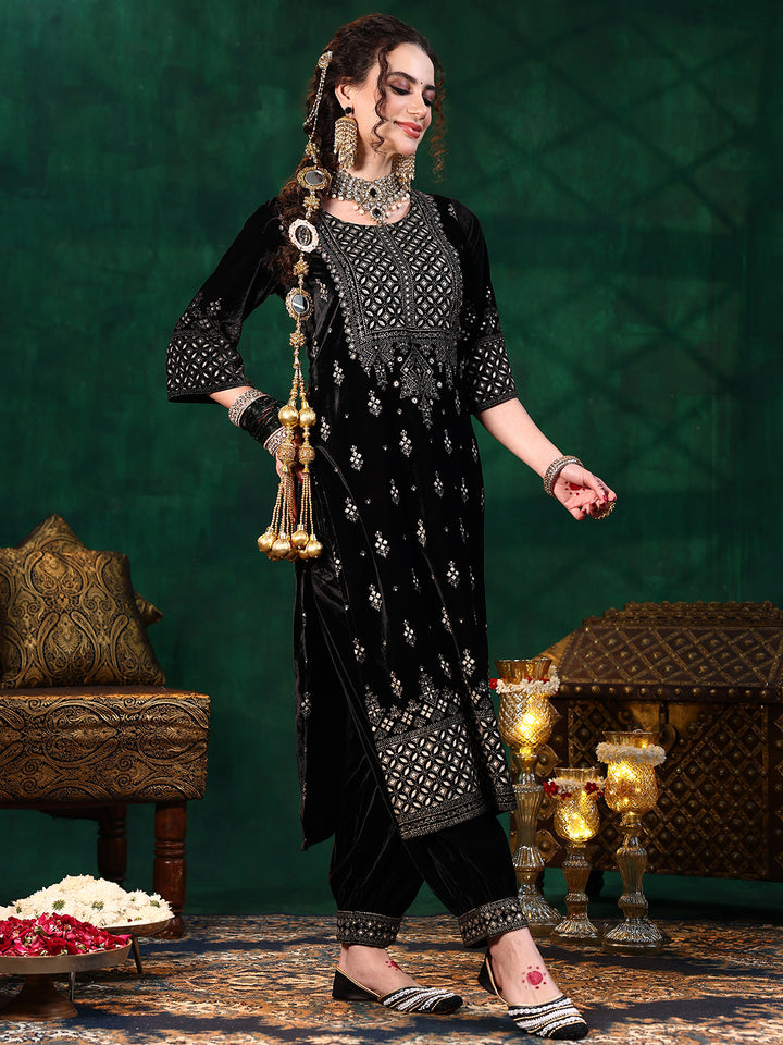 Black Embroidered Velvet Straight Suit With Dupatta
