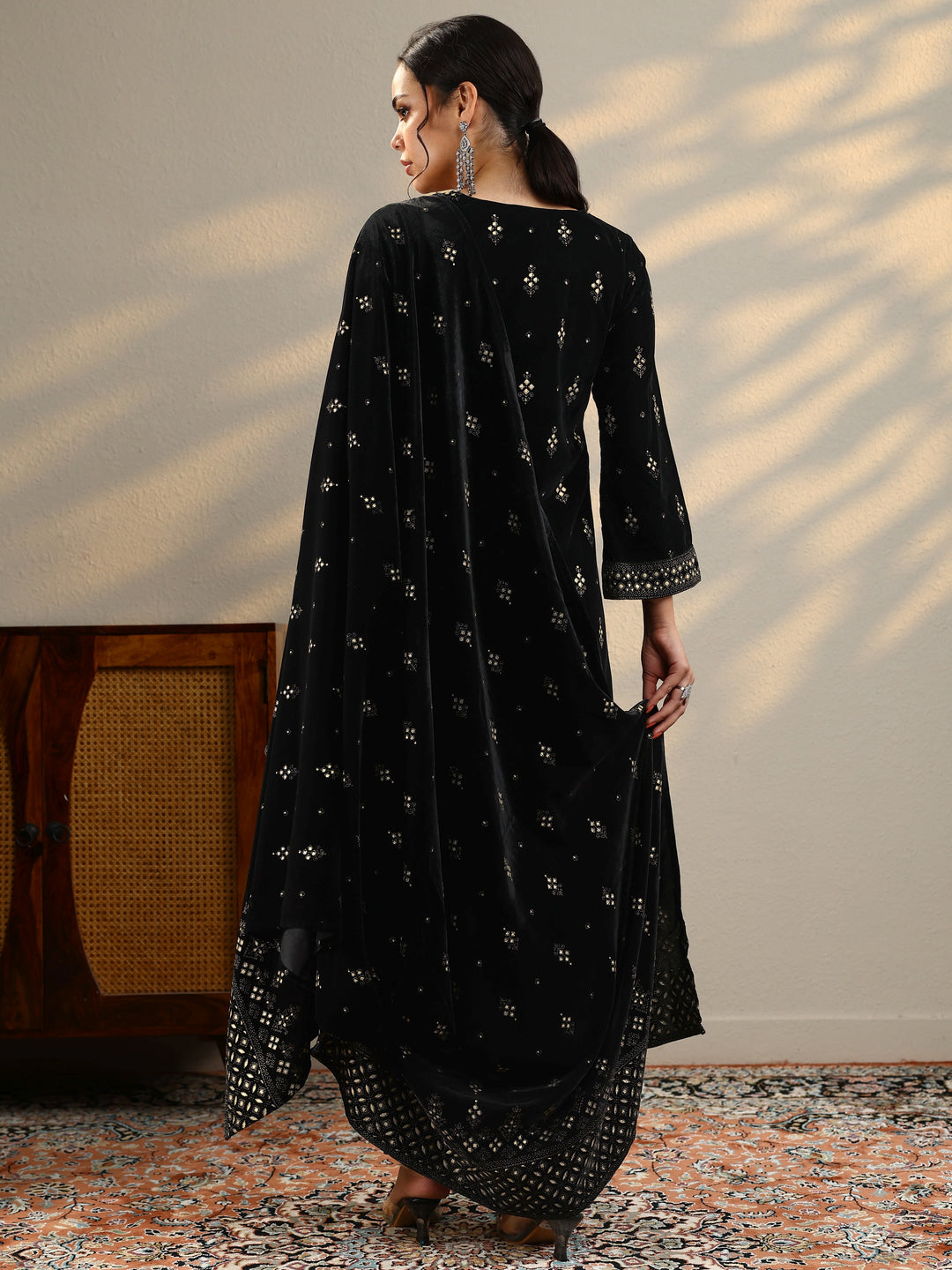 Black Embroidered Velvet Straight Suit With Dupatta
