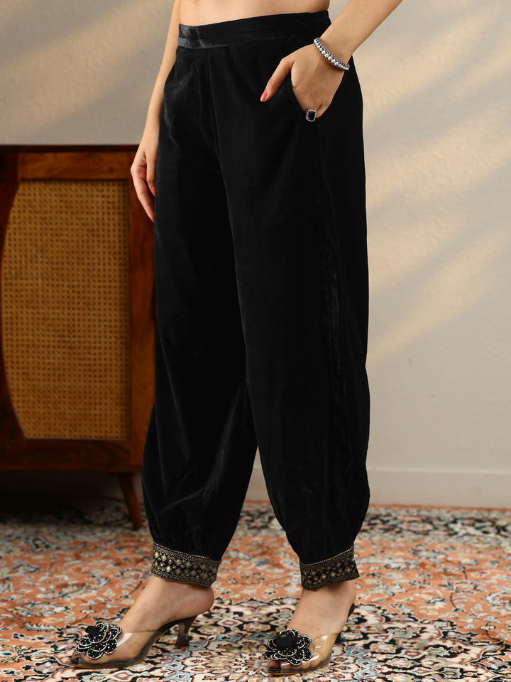 Black Embroidered Velvet Straight Suit With Dupatta