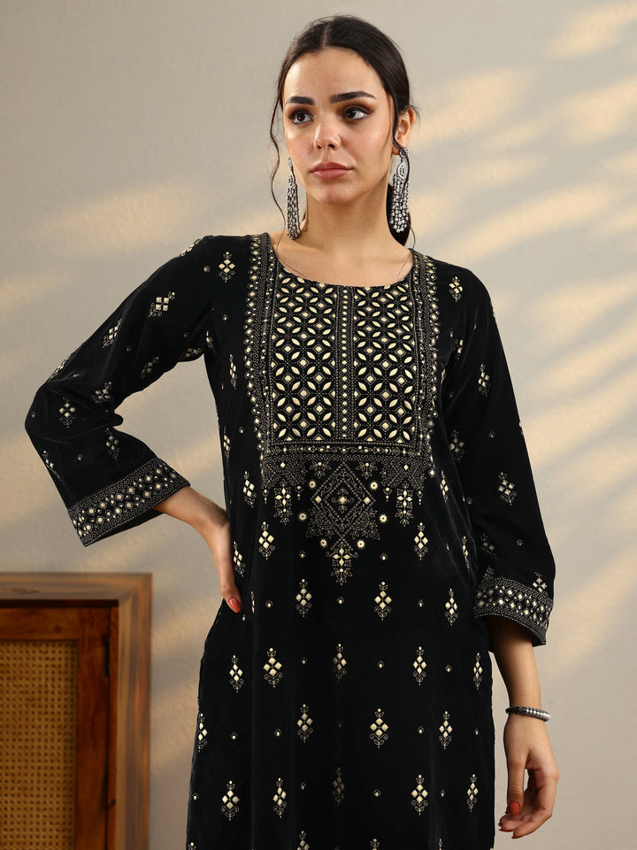 Black Embroidered Velvet Straight Suit With Dupatta