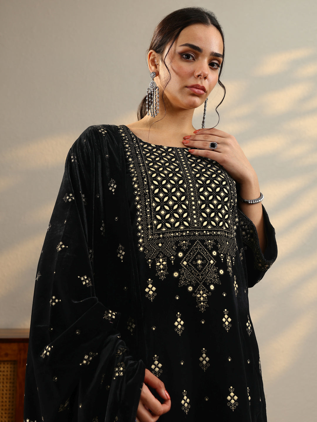 Black Embroidered Velvet Straight Suit With Dupatta