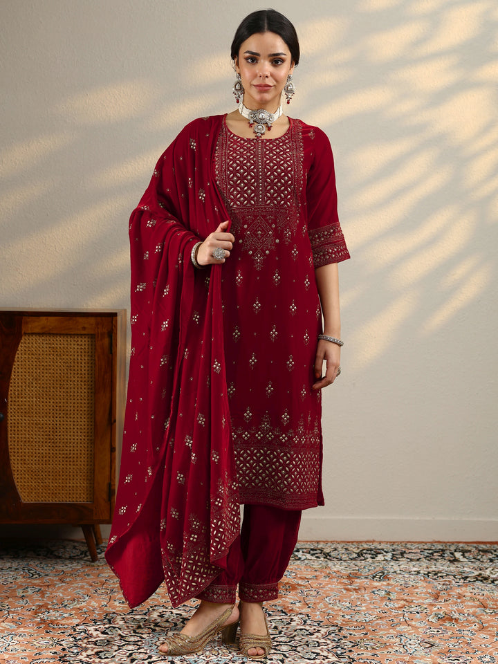 Red Embroidered Velvet Straight Suit With Dupatta