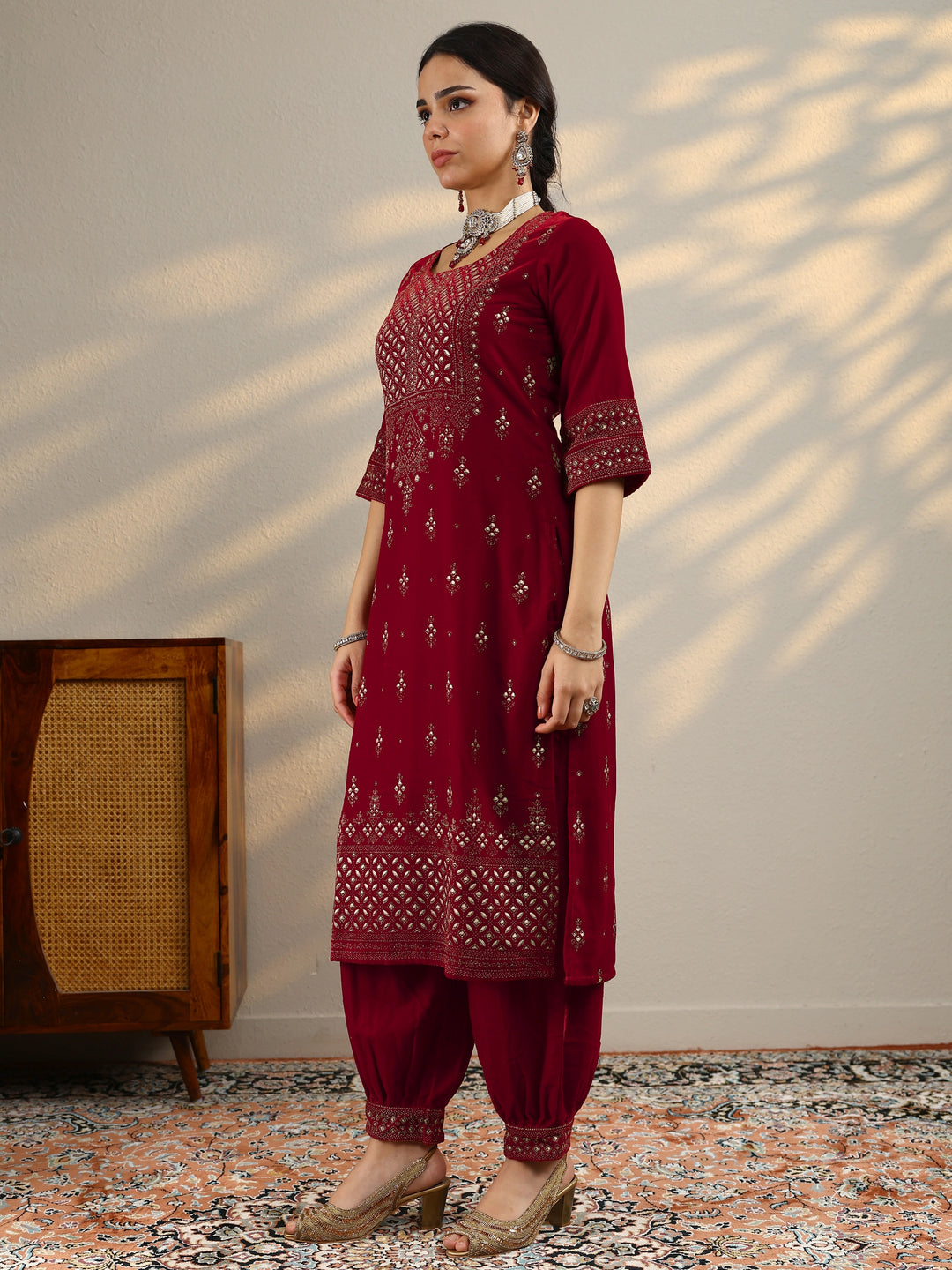 Red Embroidered Velvet Straight Suit With Dupatta