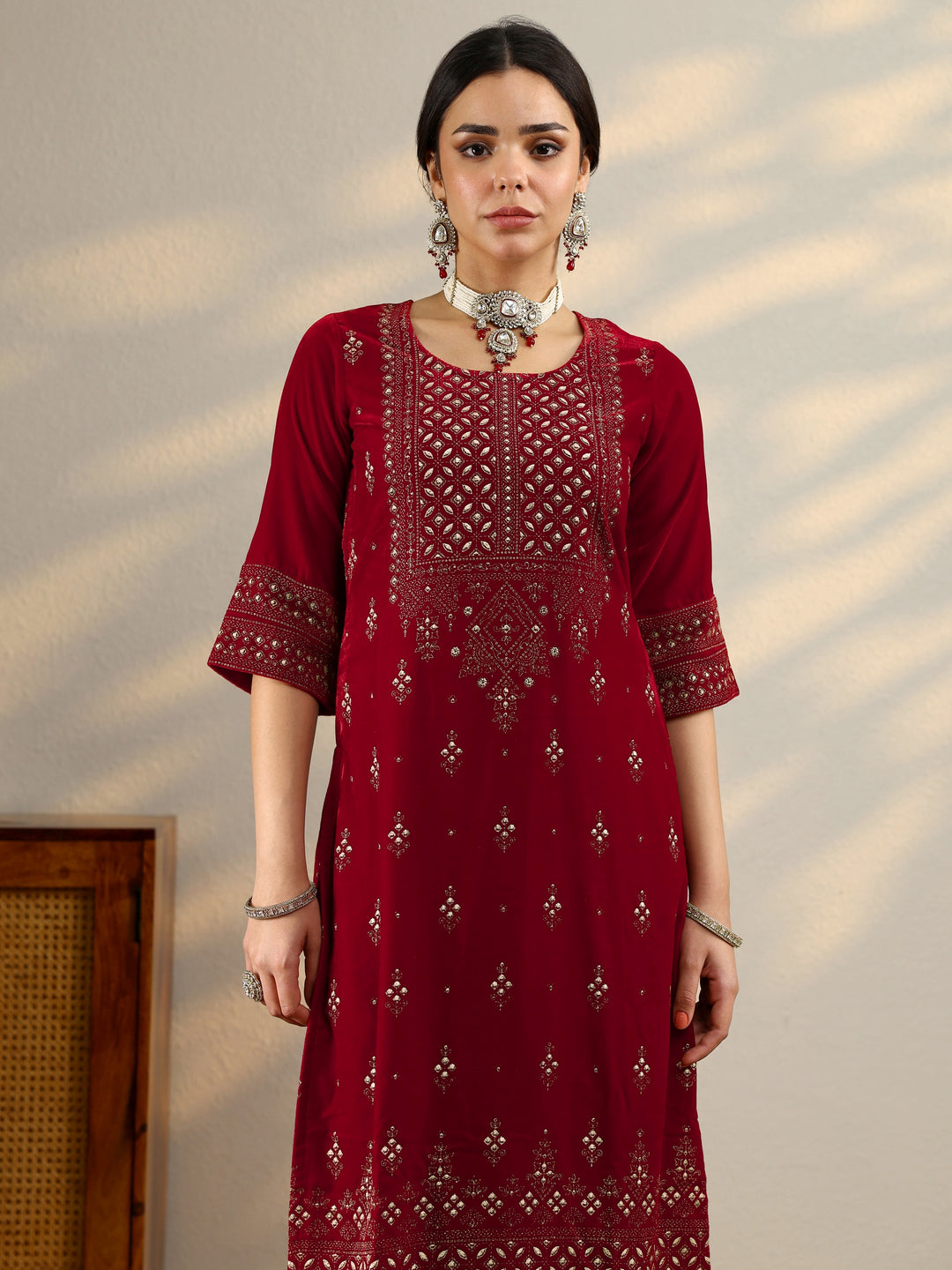 Red Embroidered Velvet Straight Suit With Dupatta