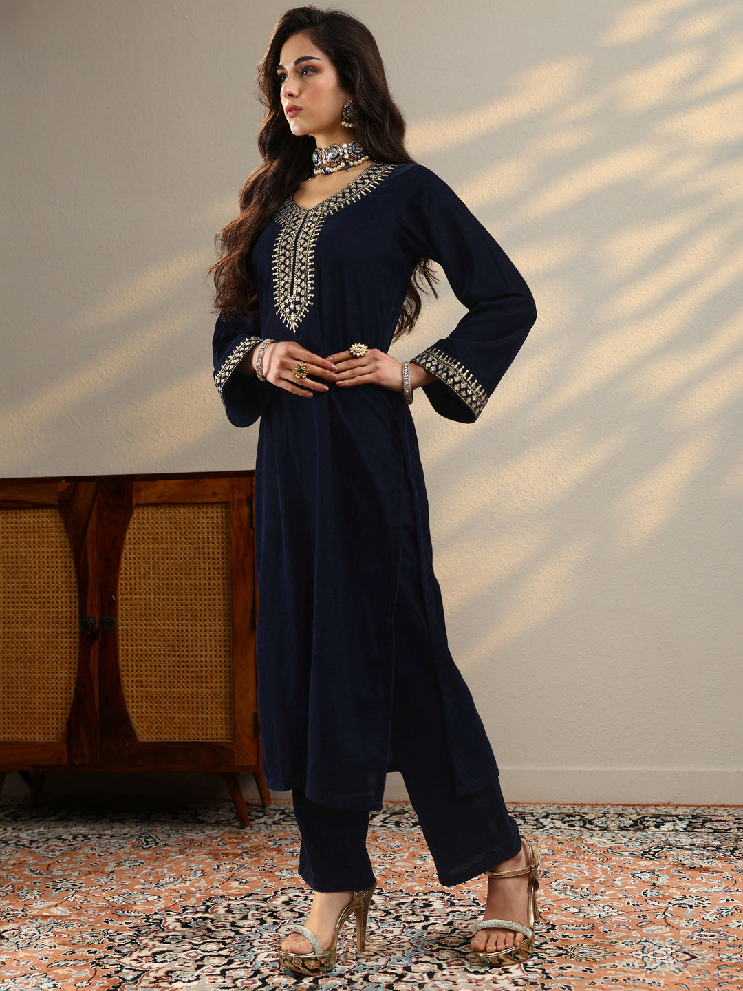 Blue Yoke Design Velvet Straight Suit With Dupatta