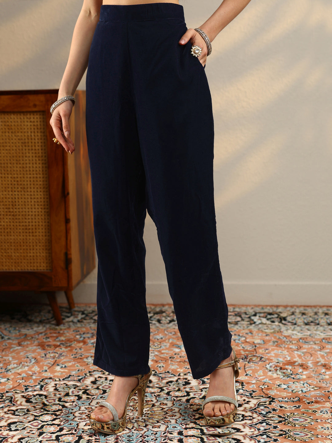 Blue Yoke Design Velvet Straight Suit With Dupatta