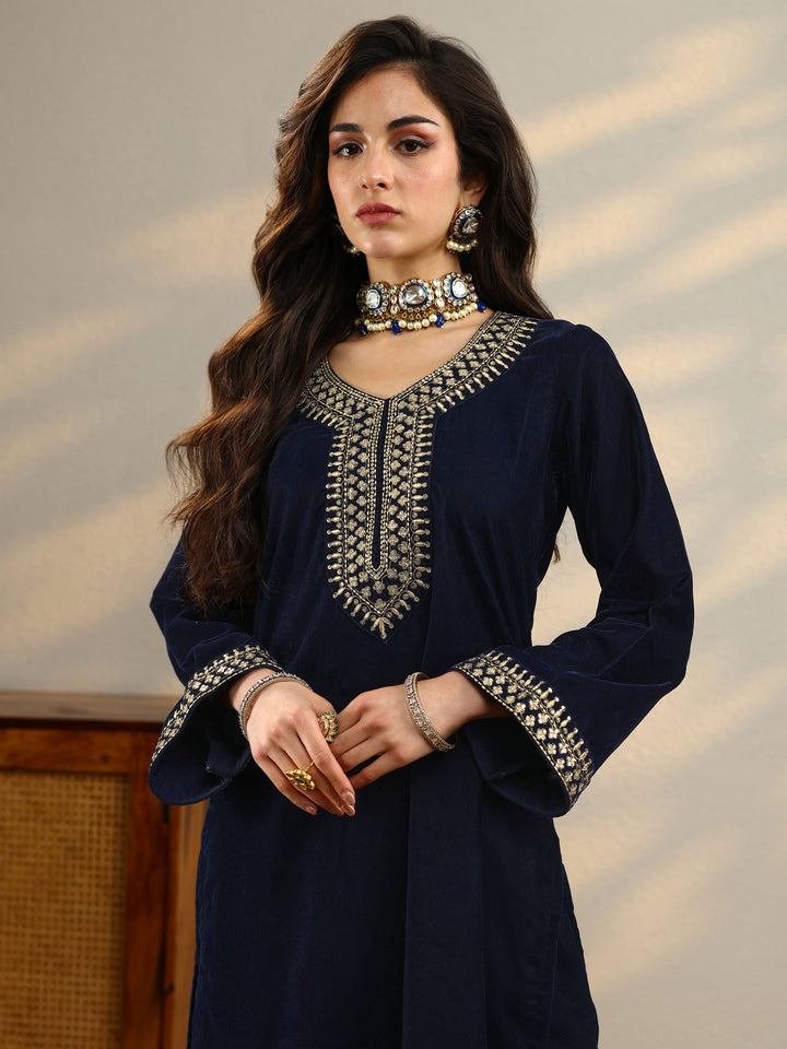 Blue Yoke Design Velvet Straight Suit With Dupatta