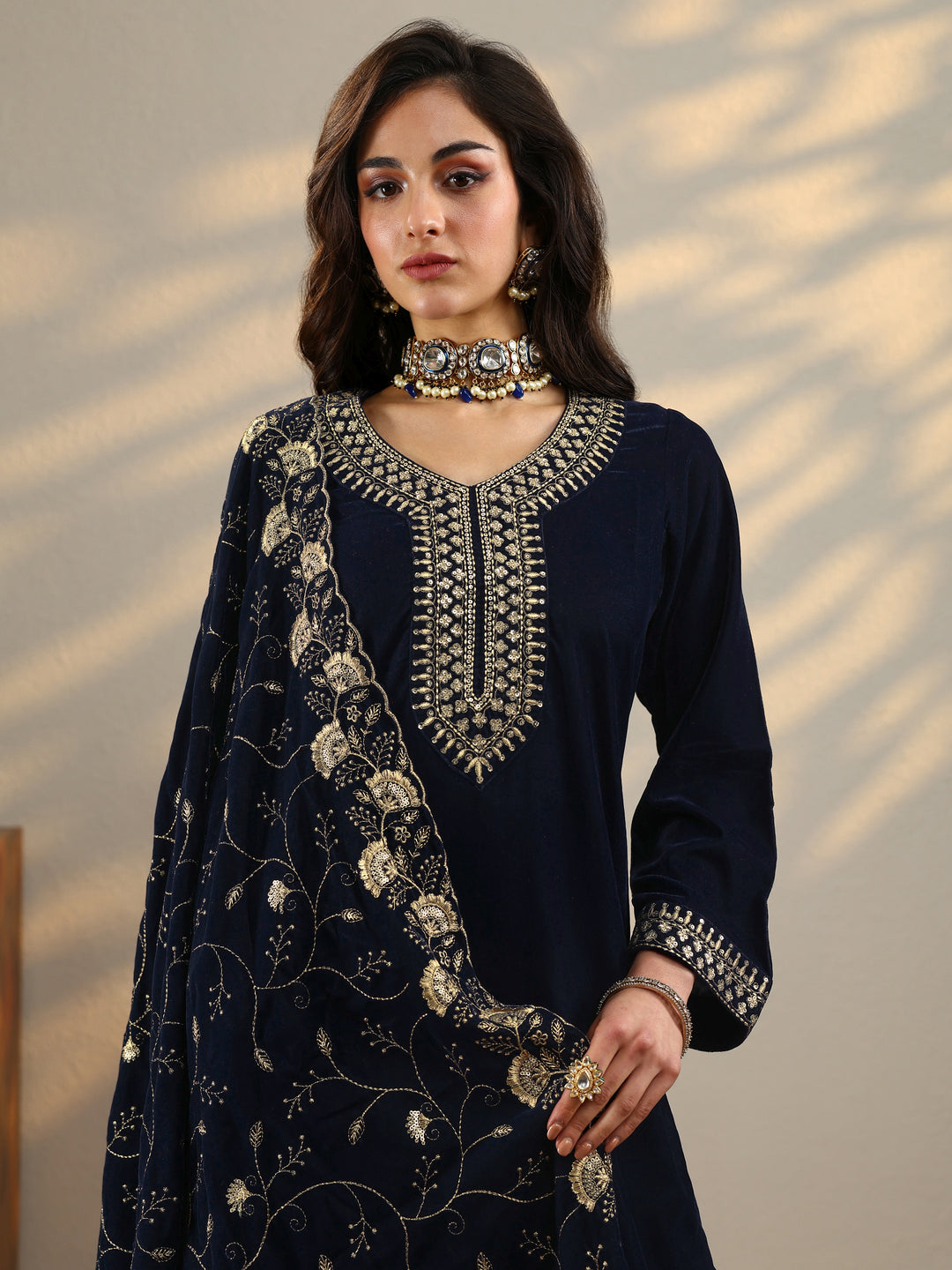Blue Yoke Design Velvet Straight Suit With Dupatta