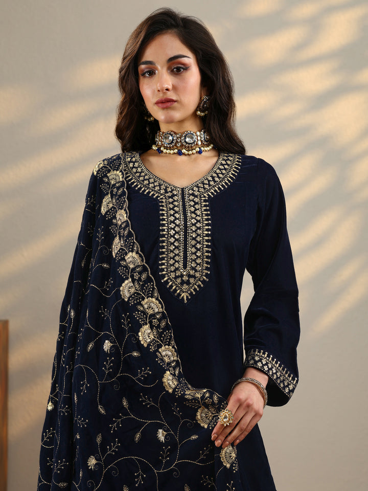 Blue Yoke Design Velvet Straight Suit With Dupatta