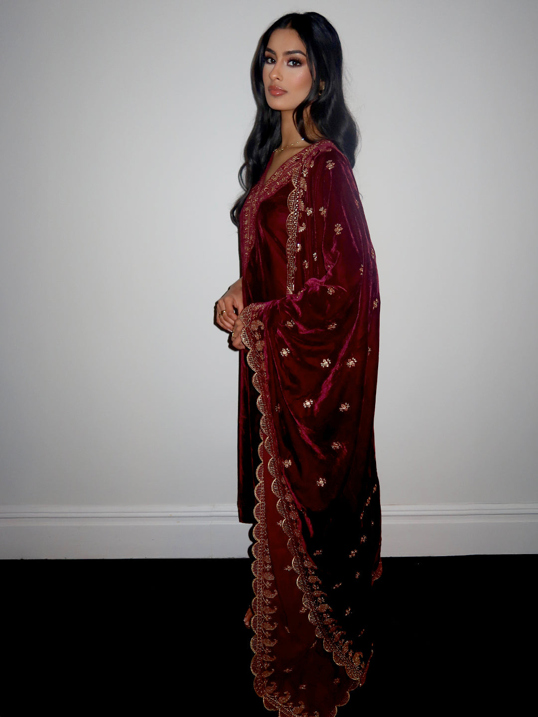 Burgundy Yoke Design Velvet Straight Suit With Dupatta